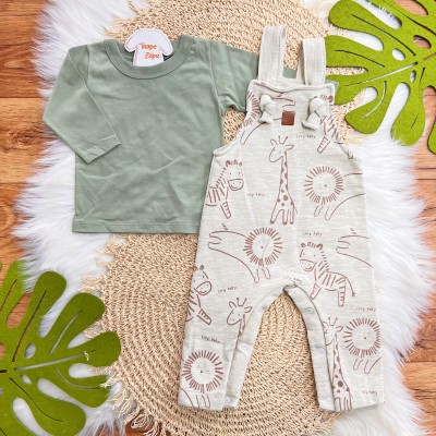  Conj. Blusa Manga Longa e Jardineira Safari de Moletom - Mescla e Verde